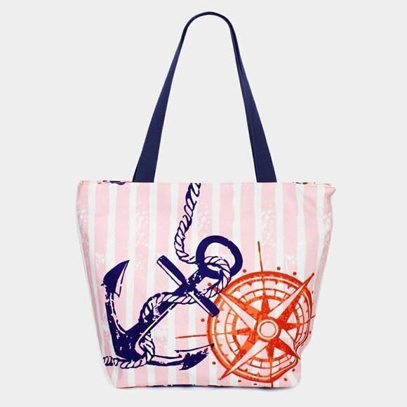 N.S.E.W Anchor Compass Print Women's Beach Tote Bag - Picture 1 of 6